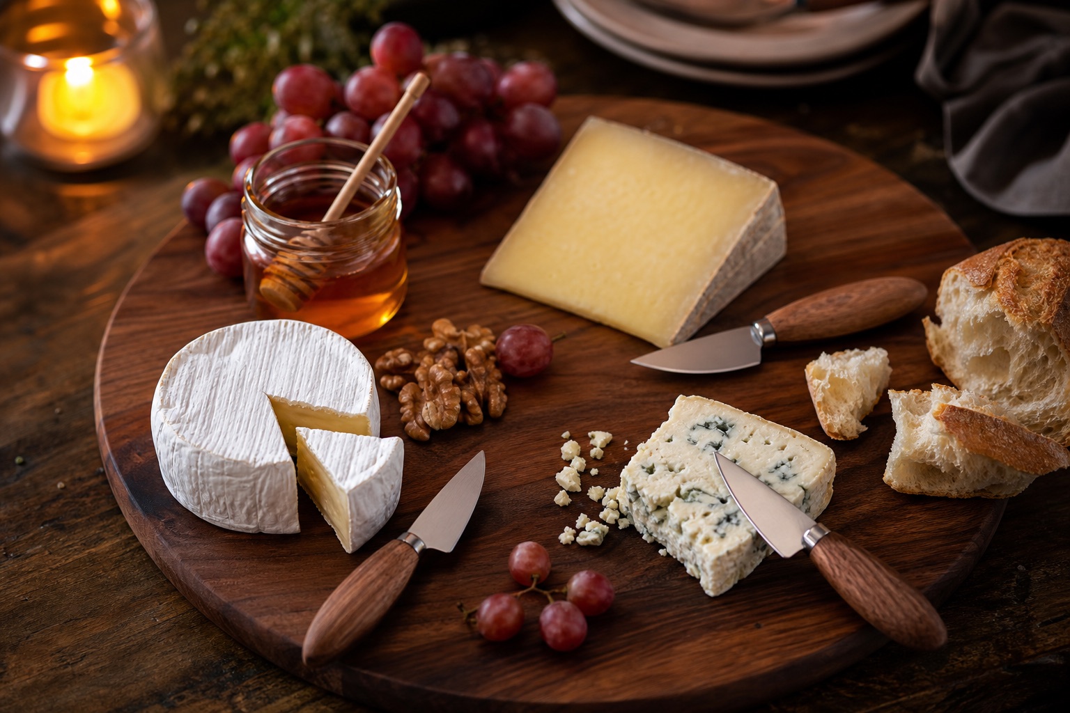 A walnut wood board with three cheeses, a honey jar, walnuts, grapes and torn baguette, one knife per cheese