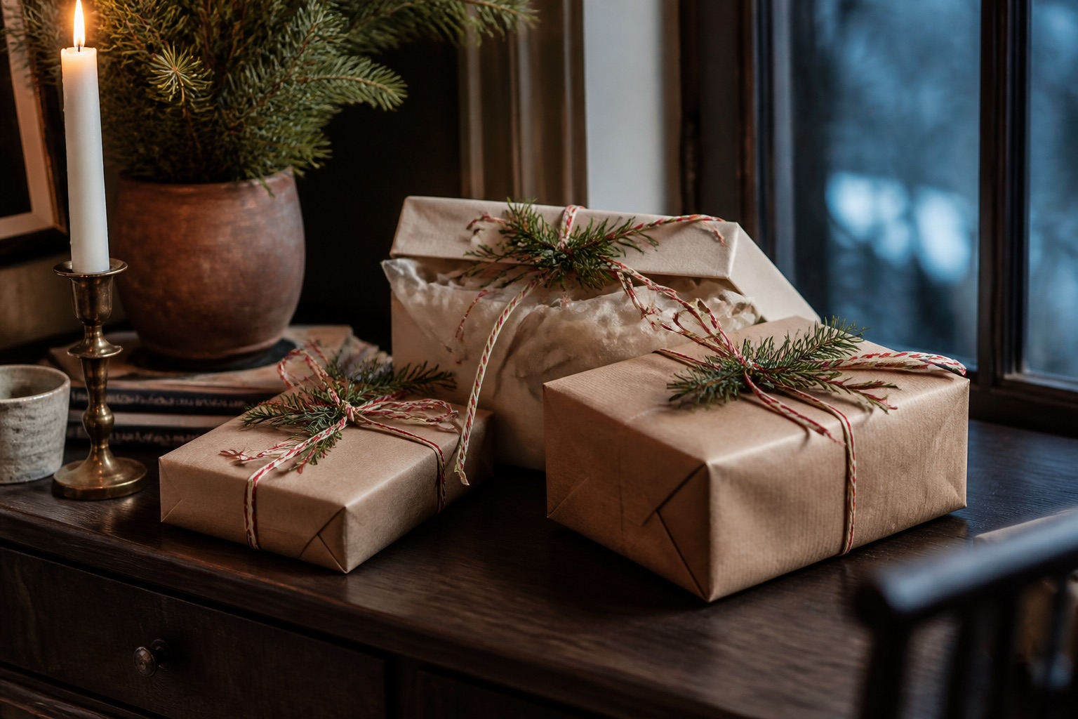 Kraft and cream paper parcels tied with red ribbon and evergreen sprigs on a dark table by candlelight