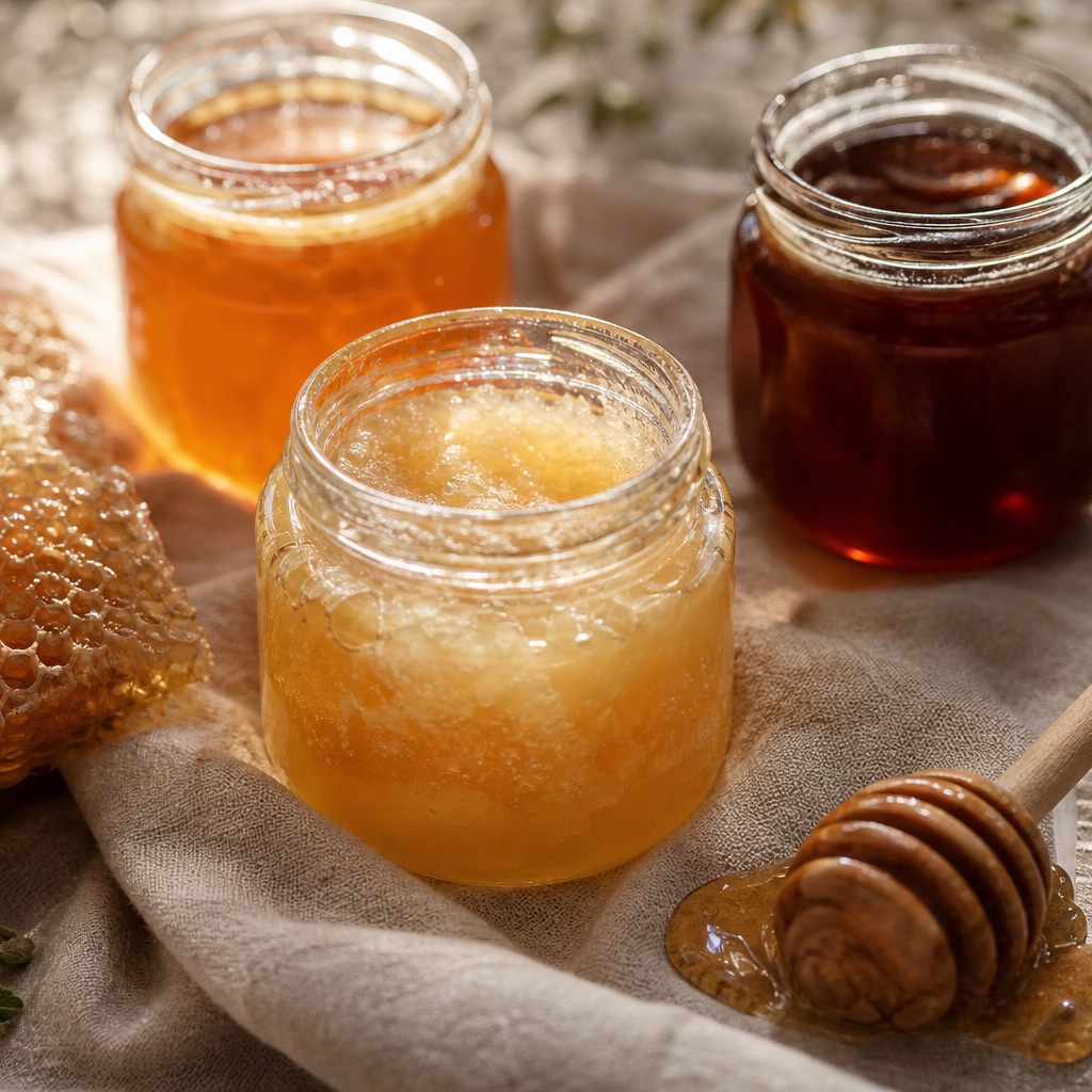 Three honey jars from pale amber to dark buckwheat, one visibly crystallized, with a wooden dipper resting on linen and a fragment of honeycomb