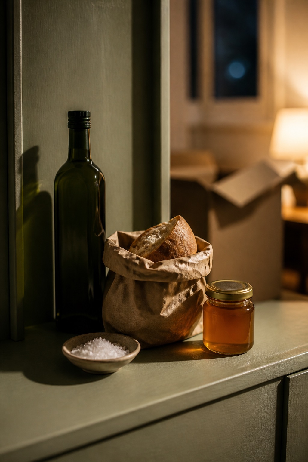 First-night shelf in a new home: olive oil, bread sack, dish of salt and a honey jar in warm lamplight