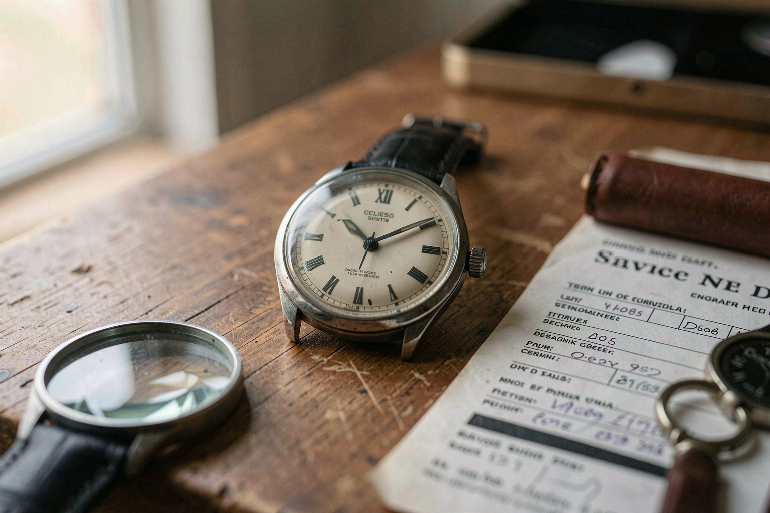 A close-up of a vintage Swiss wristwatch on a wooden table, with a loupe and a service record beside it, lit by soft window light from the left.