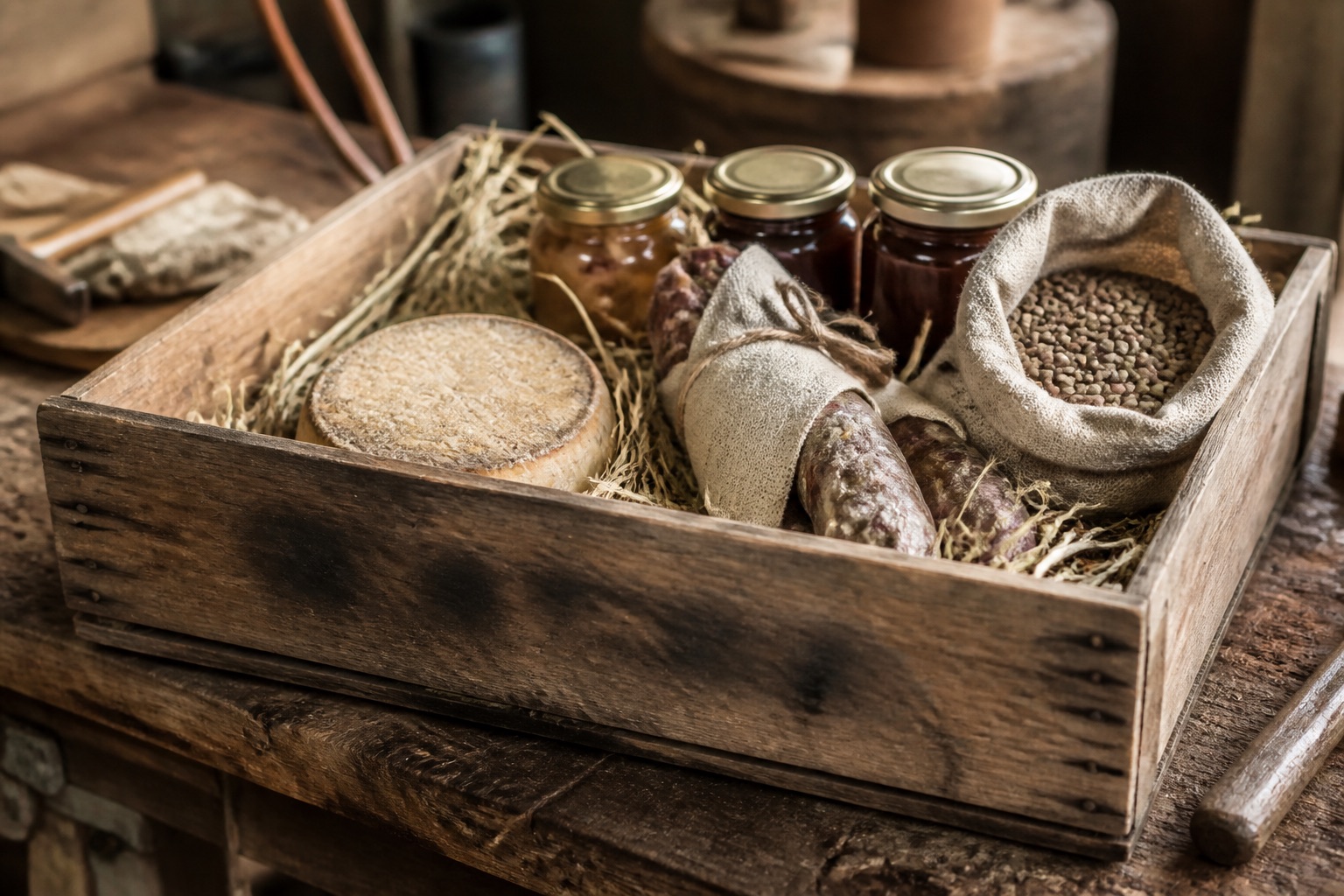 A wooden table in a mill room, with a paper sack of stone-ground wheat flour open beside a glass bowl of eggs, morning light coming through a tall window and falling across the flour dust.