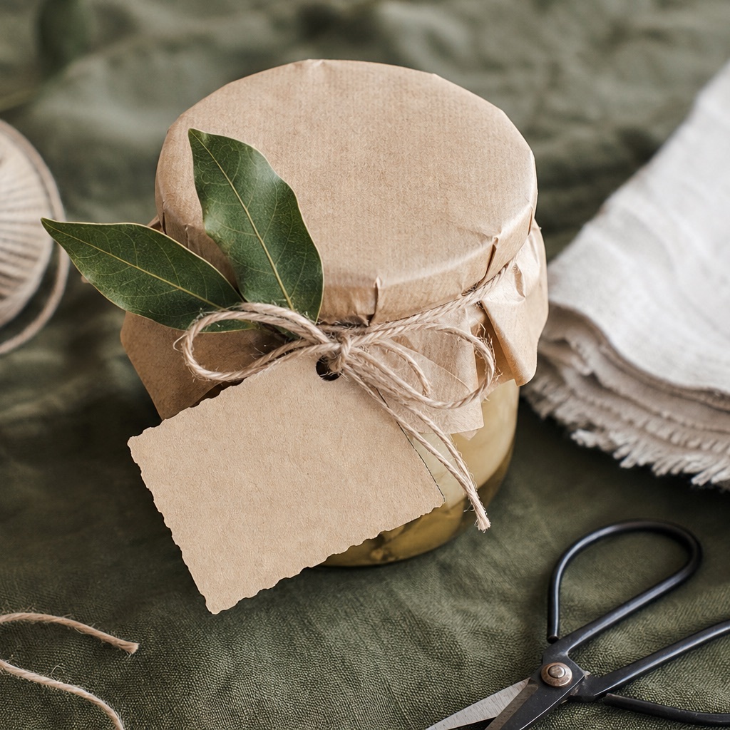 A kraft-wrapped glass jar tied with twine, with a dried bay sprig, a small blank card, a folded linen square and scissors