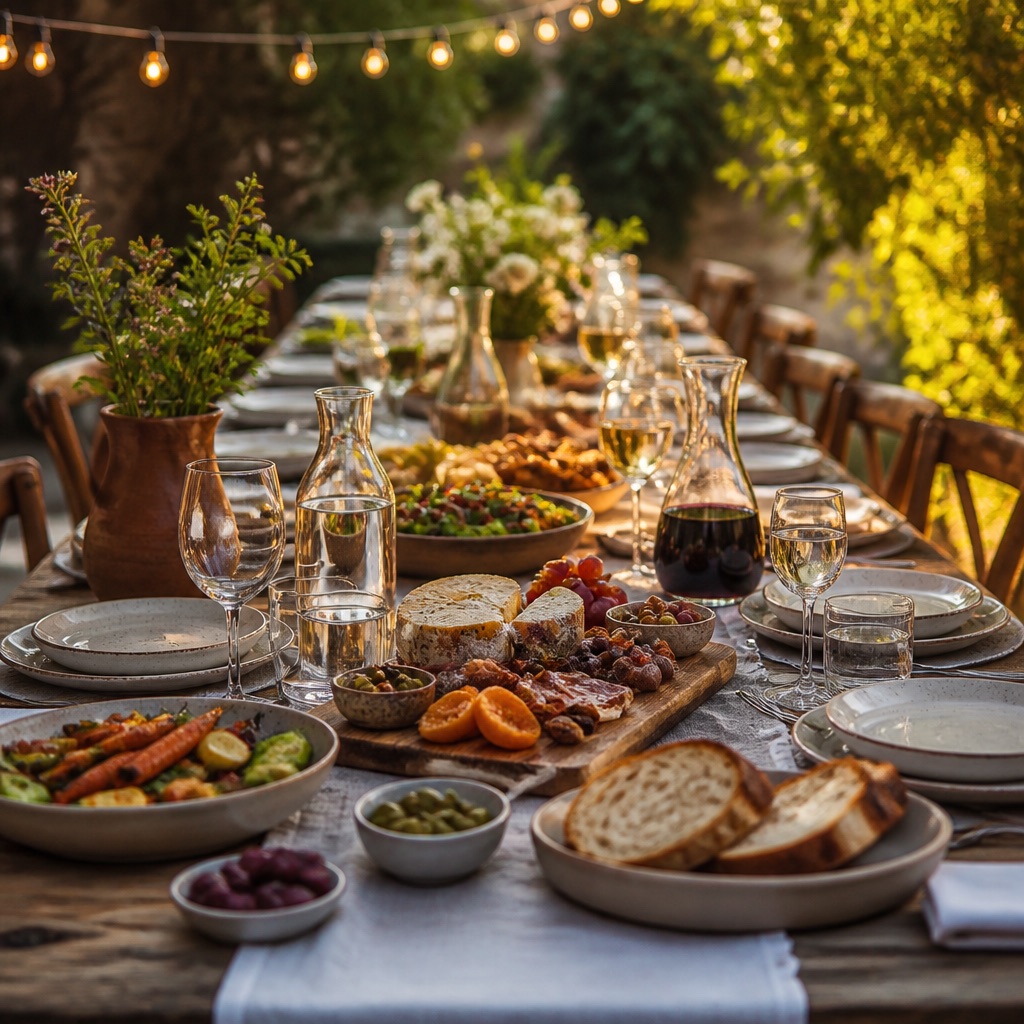 Long outdoor table for a crowd at golden hour, shared platters, stacked plates and unlabeled carafes under string lights