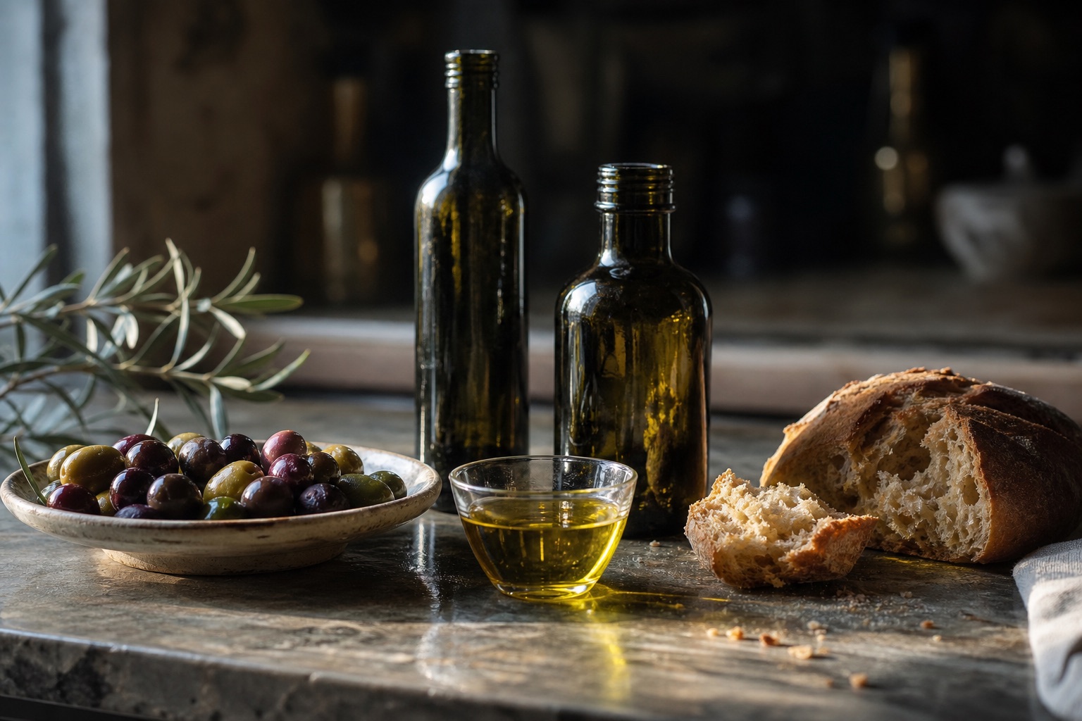Two dark-glass olive oil bottles and a small tasting cup on a stone counter, with a dish of olives, torn country bread and a sprig of olive leaves