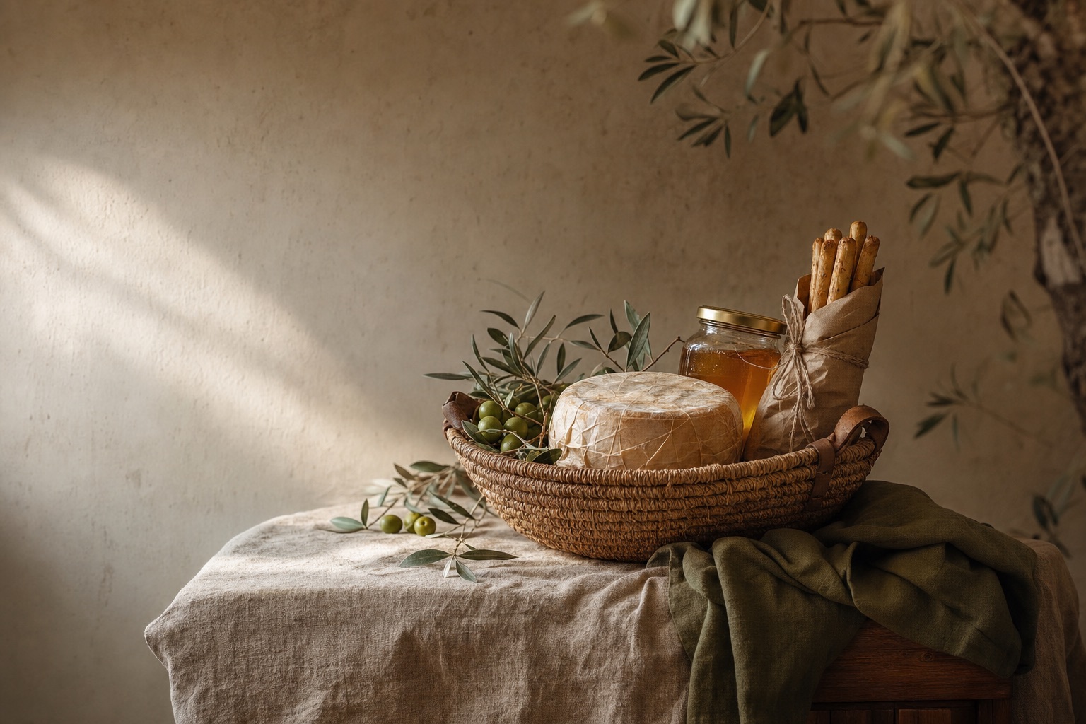 A woven seagrass basket on a linen-draped oak table with clothbound cheese, a jar of golden honey, an olive branch and a kraft-wrapped bundle of breadsticks
