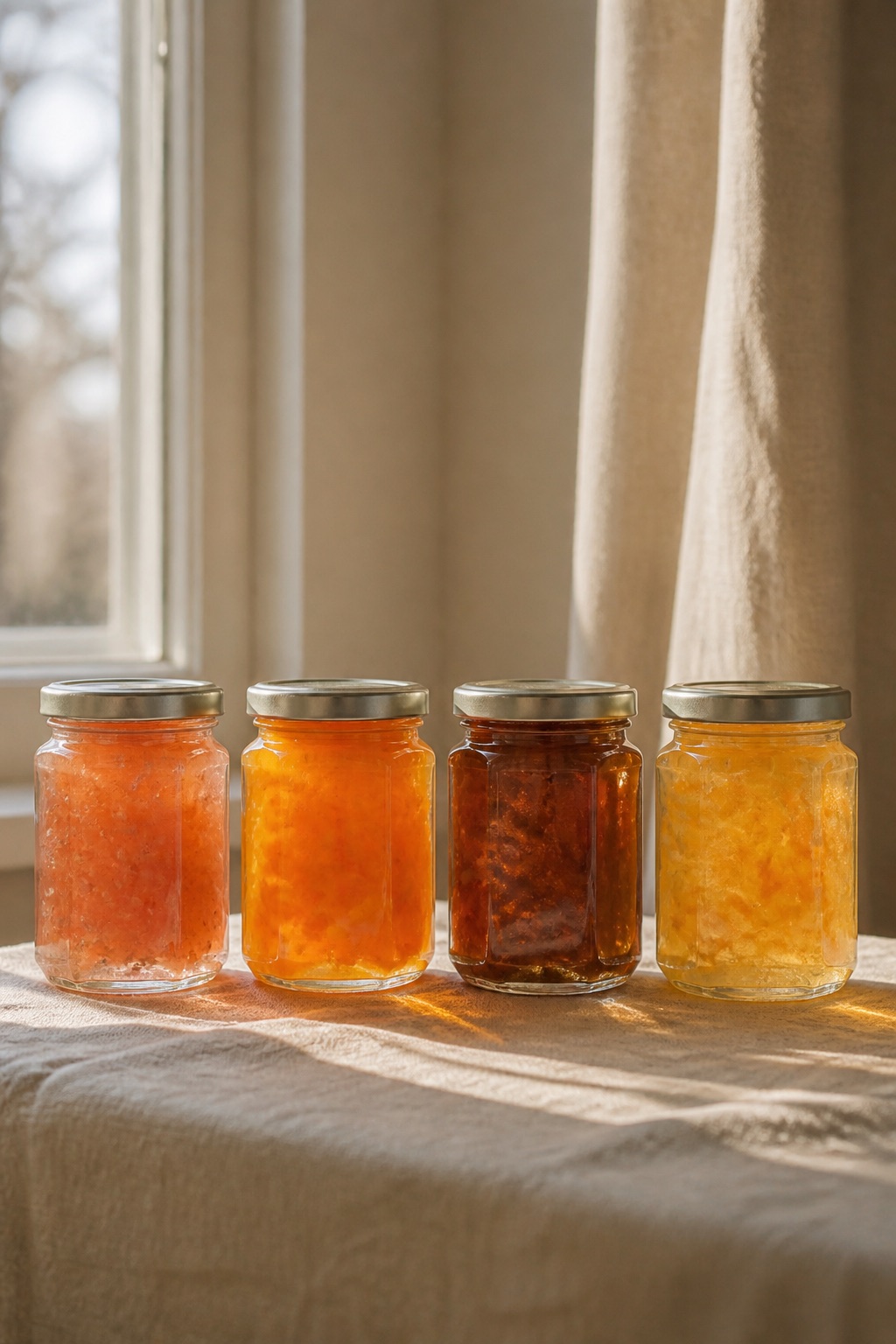 Four preserve jars on a windowsill in a row, strawberry, apricot, quince and citrus, daylight through the glass