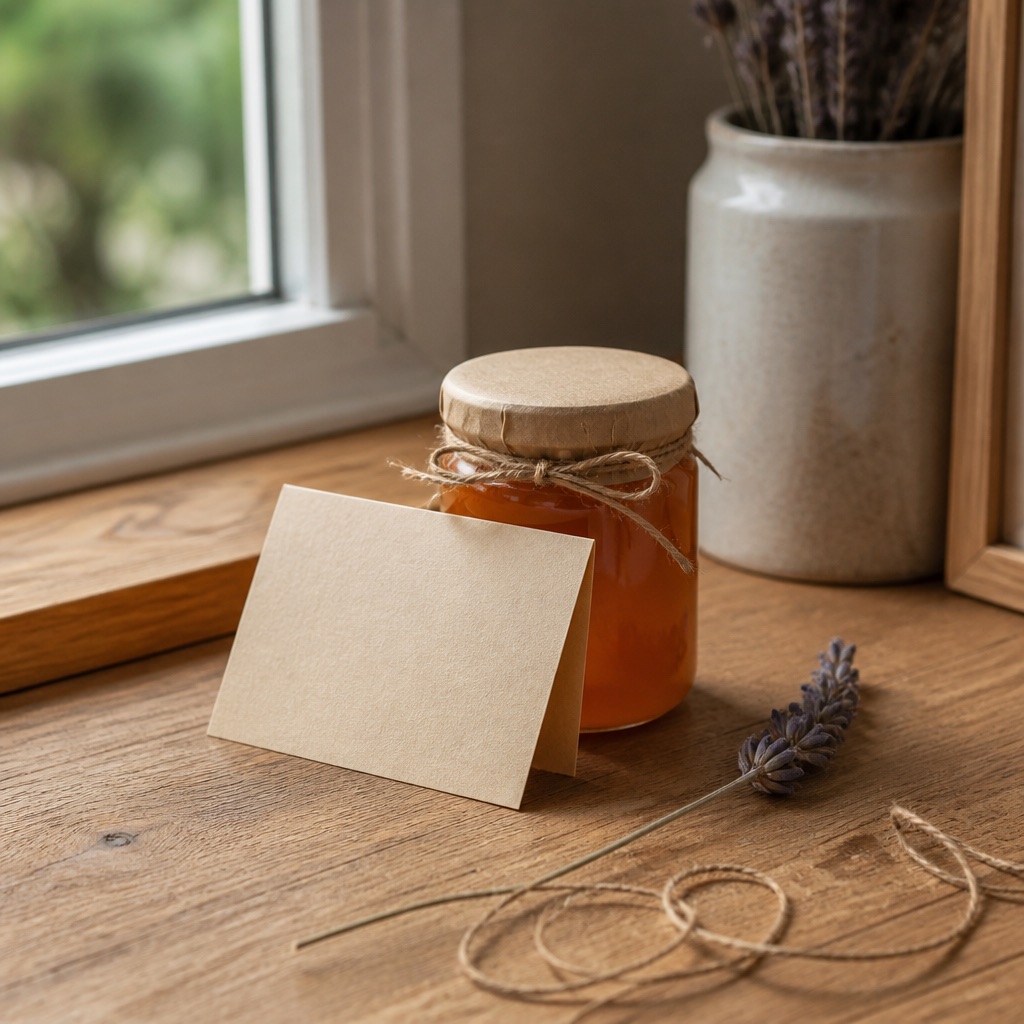 Small jar of preserve with a blank folded note card, dried lavender and twine on a desk corner in morning light